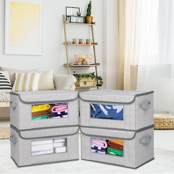 Univivi [4-Pack Fabric Storage Boxes Collapsible Storage Bins with Lids and Handles Cube Organizer Basket for Home, Closet, Bedroom (Gray, 14.4''x10''x8.3'') | Closet Storage Bins with Handles & Window, Collapsible Closet Organizers and Storage Cubes f... - Image 2