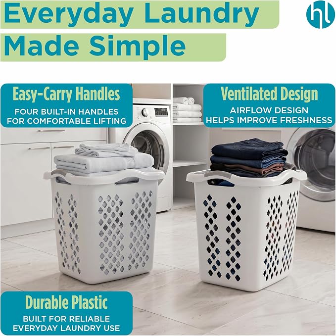 Home Logic 2 Bushel Plastic Laundry Basket Lamper, Large Laundry Hamper with Handles, Ventilated Clothes Organizer for Bedroom Bathroom Closet, 6 Pack, White - Image 3
