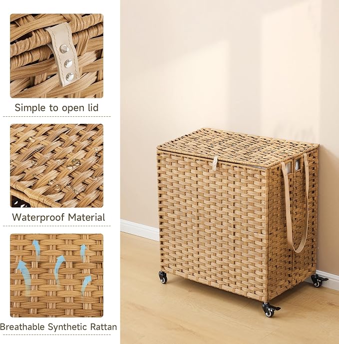Laundry Hamper with Wheels, 39.6 Gallon(150L) Rolling Laundry Basket with Lid, 3-Section Rattan Clothes Hamper with 3 Removable Liner & 3 Mesh Bags, Laundry Sorter with Side Pocket, Natural - Image 8