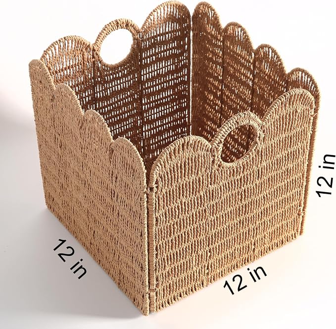 Scalloped Wicker Storage Cubes Basket, 12”x12“ Heavy Duty Paper rope/Hyacinth/Seagrass Baskets for Shelves, Foldable Natural Boho Square Bins (Paper Rope&12 x 12 x 12in&4-Pack) - Image 8