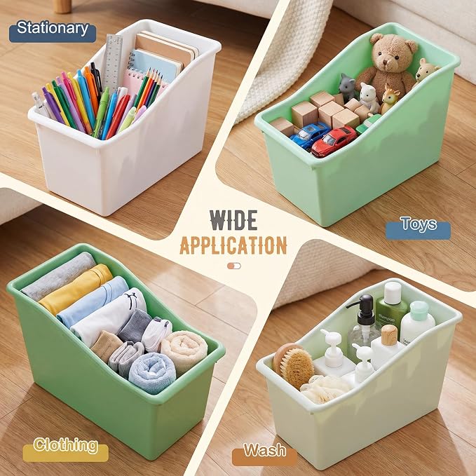 Geetery 12 Pcs Book Bin for Classroom with Labels Stackable Plastic Organizing Bins 11.5 x 5.4 x 7.5 in Book Holders Storage Bins Box Baskets for Classroom Library Home (Green Color Scheme) - Image 5