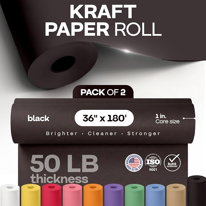 Black Kraft Paper Rolls 36" x 2160" (180 feet), Pack of 2 - USA-Made Quality Black Paper 50lb Thickness for Packing, Shipping, Crafts/Arts - 100% Recyclable Natural Wrap Material by IDL Packaging - Image 3