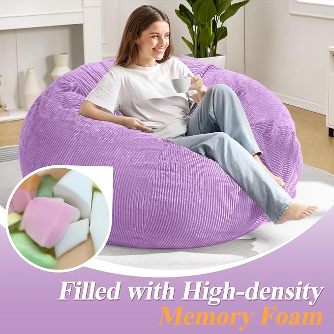 5FT Bean Bag Chair for Adults,Gaint Teardrop Beanbag with Filler | Beanbag Chair with Memory Foam Filled,Bean Bags with Handy Handle&Machine Washable Cover for Living Room,Bedroom-Purple - Image 4