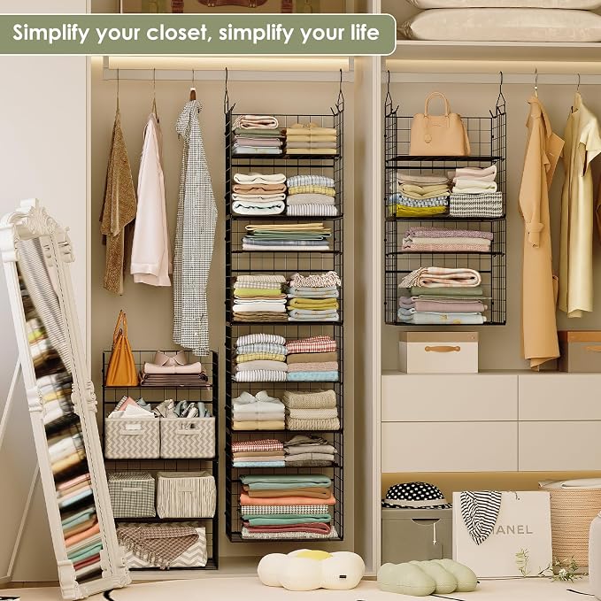 Hanging Closet Organizer and Storage - 8 Tier Closet Hanging Organizer Shelves, Metal & Foldable Hanging Storage Organizer Baskets with Adjustable Dividers for Clothing Sweaters Shoes Handbags - Image 5