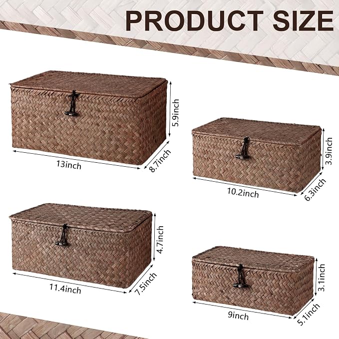 Woanger Set of 4 Wicker Baskets with Lids, Nautral Seagrass Storage Baskets, Woven Rectangular Basket Bins, Rattan Storage Organizer for Shelf Closet Bedroom(Coffee) - Image 2