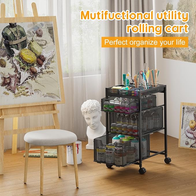 Rolling Utility Cart with 3 Drawers, Craft Organizer and Storage with DIY Divider, Lockable Wheels, Multi-Functional Storage for Art Supplies, Store for Brushes & Paints & Small Parts(Patent Pending) - Image 2