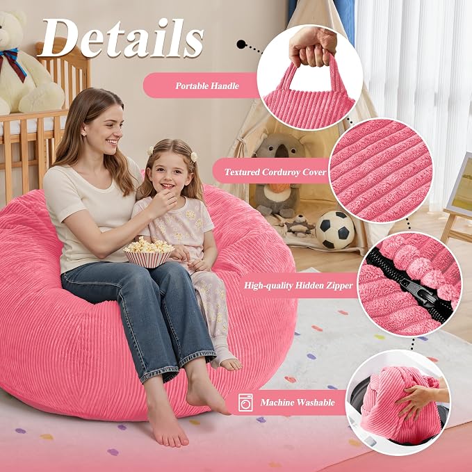 3FT Bean Bag Chair for Adults,3' Big Teardrop Beanbag with Filler | Beanbag Chair with Memory Foam Filled,Bean Bags with Handy Handle&Machine Washable Cover for Living Room,Bedroom-Pink - Image 5