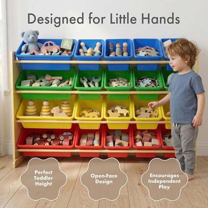 Humble Crew Kids Toy Organizer with 20 Bins, 4 Tier Storage for Playroom | Sturdy wood and steel toddler shelf, removable BPA-free containers, wall anchor anti-tip safety kit for bedroom or classroom - Image 2