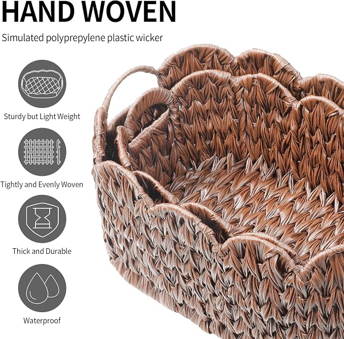 Coeusy Wicker Scalloped Basket Set of 2,Woven Storage Baskets for Shelves,Closet,Laundry,Gift,Towels,Books,Toys,Waterproof Cute Decor Basket for Organizing,Brown - Image 7