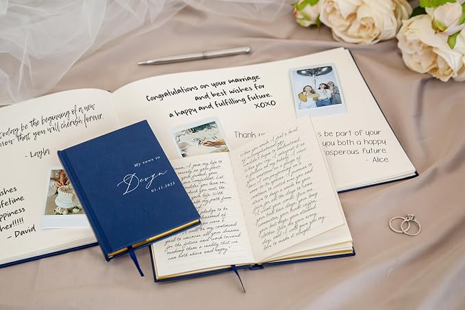 Personalized Wedding Book Set with Guestbook Vow Books (Design 1) - Custom Large 11.5 x 8.5 Guest Signin Book, 5.75 x 4 Vow Books for Marriage Ceremony Reception, Gift for Newly Engaged Couple, Navy - Image 7