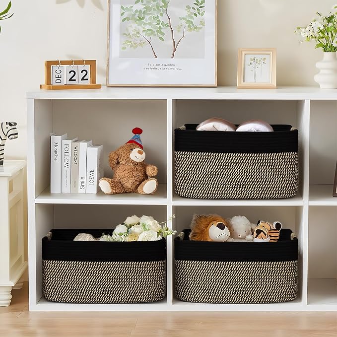 2 Pack Large Storage Basket for Organizing, 17.5"x13"x7" Woven Basket for Shelves, Closet Cube Storage Bins with Wrapped Handle, Cotton Rope Baskets for Kitchen, Clothes, Toys(Black & Brown) - Image 6