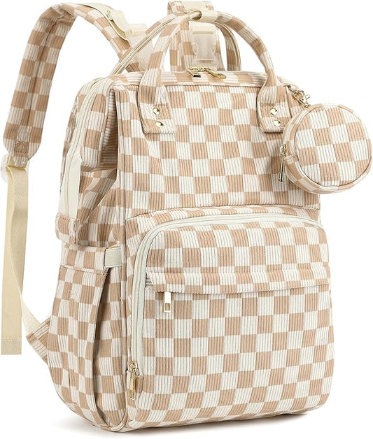 Corduroy Diaper Bag Backpack, Large Capacity Multifunction Baby Diaper Bags for Women, Insulated Bottle Pockets & Pacifier Case, Stylish Travel Nappy Changing Bags for Mom Dad (Checkered Brown) by Unknown
