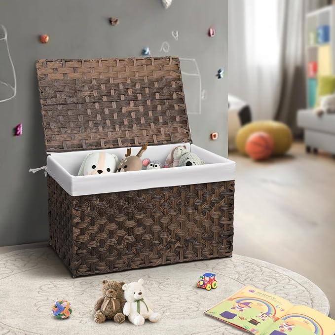 Wicker Storage Basket with Lid, 52.8 Gallon (200L) Large Blanket Basket with Lid, Woven Storage Bin with Handles, Removable Liner, Metal Frame, Foldable, for Bedroom, Laundry Room, Brown - Image 2