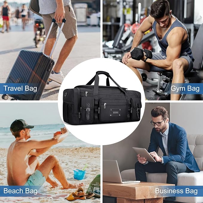 WITZMAN Duffle Bag for Men Large 54L Travel Duffel with Shoe Compartment | Water-resistant Nylon, Dry-wet Pocket, Fits 16" Laptop, Convertible for Gym, Weekender, Sports, Overnight, B717 Black - Image 9