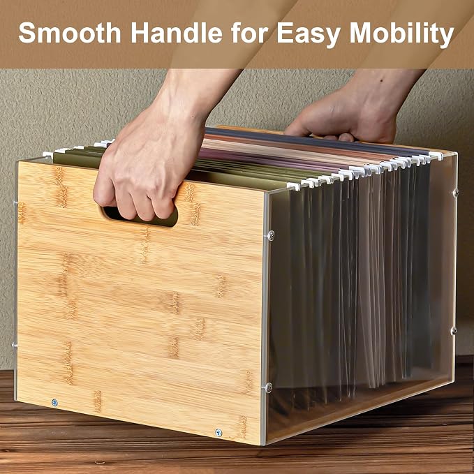 Sbanmao Clear Acrylic File Box Organizer, Bamboo Hanging Folder Storage Boxes, Filing Crate Bin Holder with Handle for Home Office Desk, Letter Size - Image 6