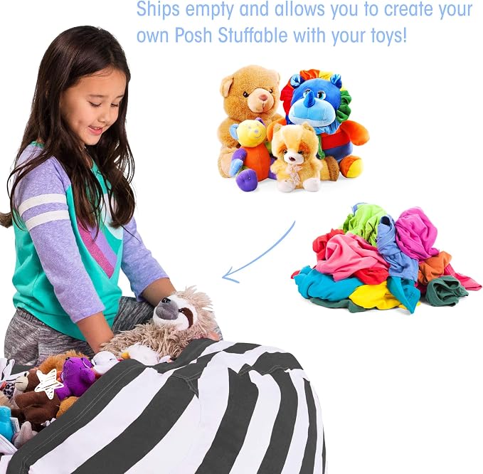 Posh Stuffable Kids Stuffed Animal Storage Bean Bag Chair Cover - Childrens Toy Organizer, Large 38" - Canvas Stripes Gray and White - Image 3