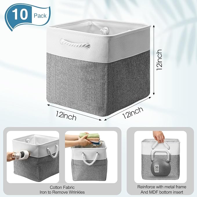 FoldTier 10 Pack Large Collapsible Fabric Storage Baskets with Handles Decorative Storage Bins for Organizing Shelves Toys Clothes(White & Gray,12 x 12 x 12 Inches) - Image 2