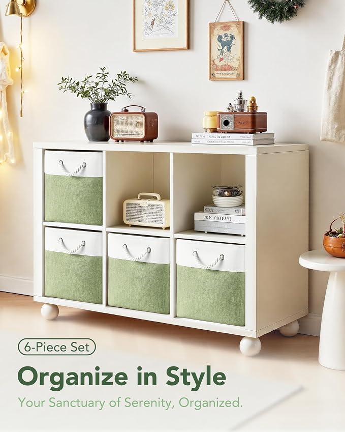 12x12 Inch Fabric Cube Storage Bins with Cotton Rope Handle 6-Pack | Top Support of Metal Frame, Bottom with Cardboard Support, Foldable Storage Bins for Closet, Bedroom, White Green - Image 2