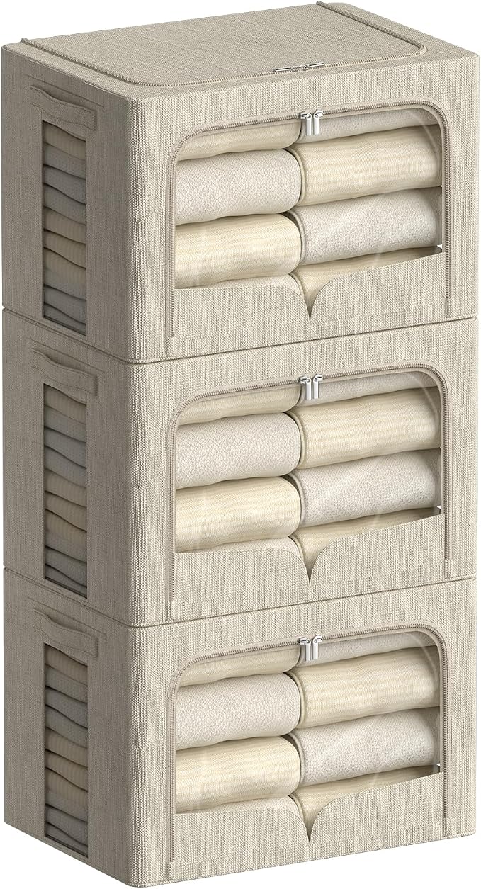 FHSQX 3 Pack Clothes Storage Bins - Foldable Metal Frame Storage Box - Stackable Linen Fabric Container Organizer Set with Carrying Handles and Clear Window (Beige, 16.5x12.2x12.2inch(40L)) by FHSQX
