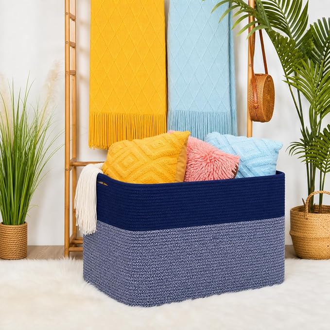 112L Extra Large Blanket Basket Holder Living Room, 25"x17"x16" Rectangle Rope Woven Storage Basket with Handles for Laundry, Towels, Shoes, Dog Toy Organizer Bin Box, Navy Blue - Image 2