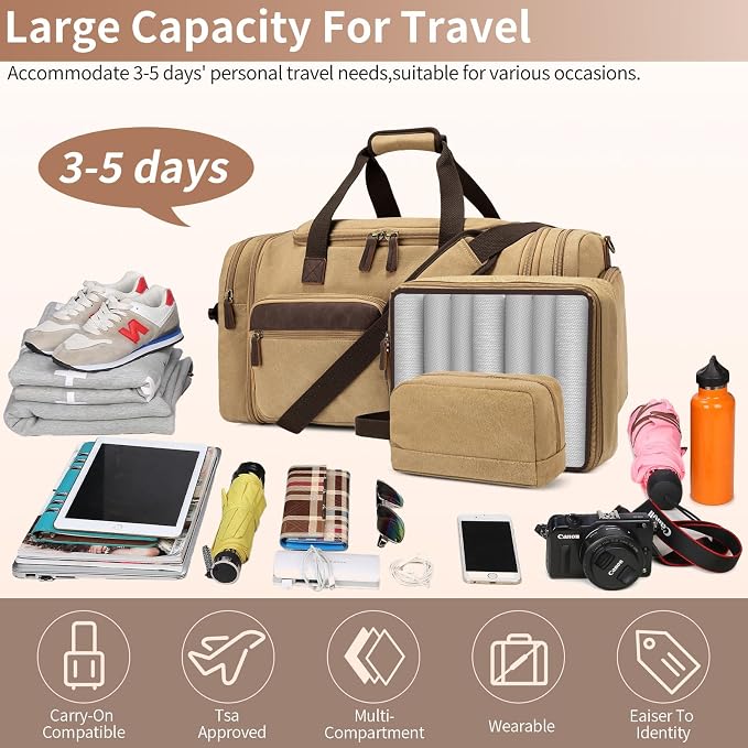Mens Duffle Bag for Travel, 60L Canvas Expandable Overnight Weekender Bag | Shoe Compartment, Carry-On Size, Multiple Pockets, Detachable Strap, Toiletry Bag & Packing Cube Include, Khaki - Image 6