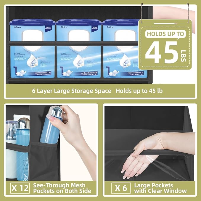 Over Door Organizer with 6 Extra Large Pockets 12 Side Pockets, 2-Pack Sturdy Closet Rack, Hanging Storage Organizer with Clear Window for Shoes, Diapers, Toys, Bedroom, Bathroom, Black - Image 3