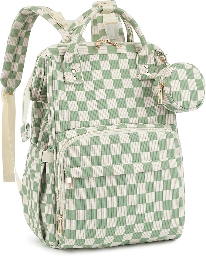 Corduroy Diaper Bag Backpack, Large Capacity Multifunction Baby Diaper Bags for Women, Insulated Bottle Pockets & Pacifier Case, Stylish Travel Nappy Changing Bags for Mom Dad (Checkered Green) by Unknown