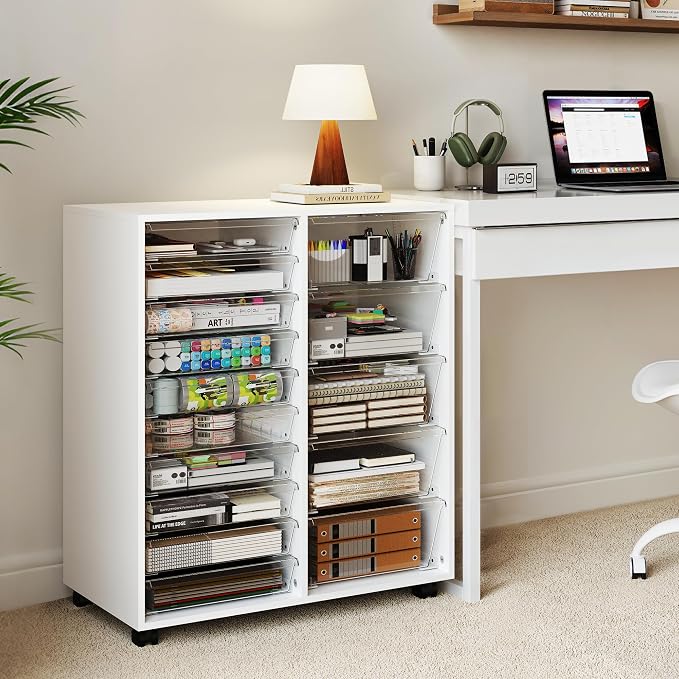 Mobile Storage Cabinet with 15 Clear Drawers, Modern White | Craft Cabinet with 5 Large Drawers, Cart with Wooden Tabletop, Printer Stand Home Office, Dresser Chest - Image 6
