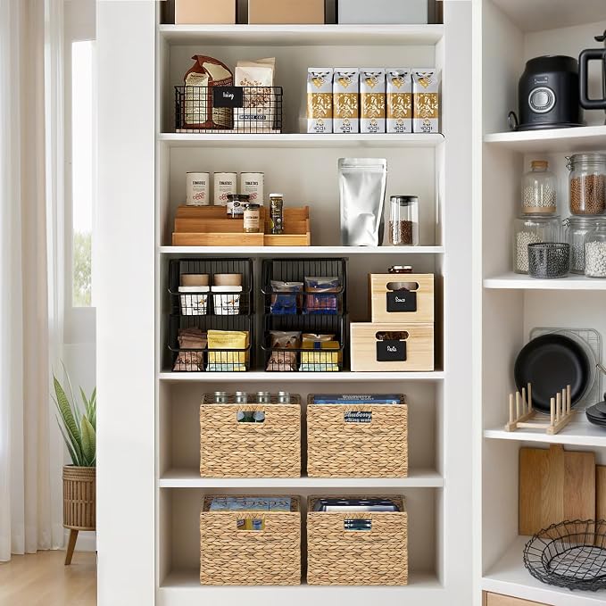 Large Square Woven Hyacinth Wicker Pantry Storage Baskets, Set of 6 | 11"x11"x10", Natural, Iron Wire Frame - Image 3