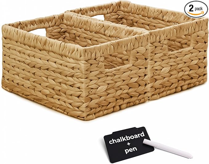 KOKODO Wicker Storage Basket Set of 2, Rectangular Baskets for Shelves with Handles & Chalkboard Labels, Handwoven Water Hyacinth Baskets for Organizing Pantry, Closet & Home. by KOKODOHOMEPROJECT