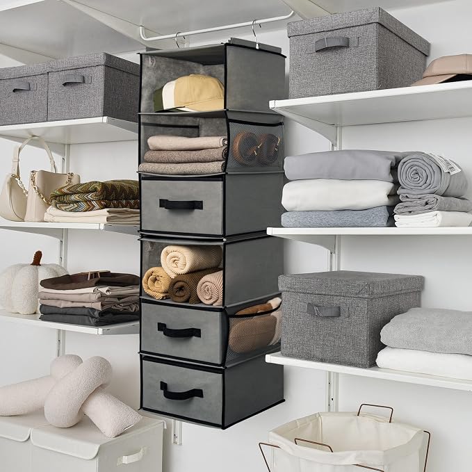 GRANNY SAYS Hanging Closet Organizer, 5 Drawers, 6 Shelves, 4 Pockets, Gray | Hanging Closet Organizer with 5 Different Drawer Designs, 6 Shelves & Reinforced Structure for Organized Small Spaces - Image 2
