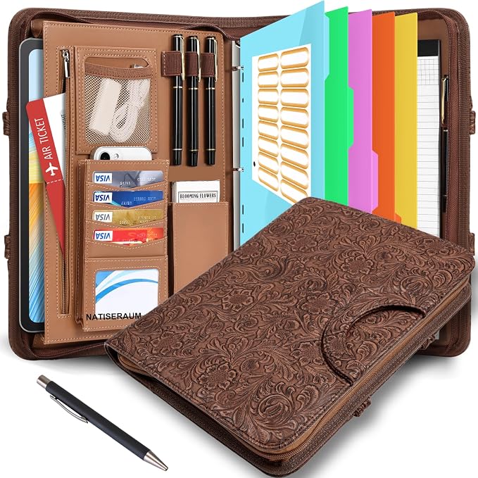 Padfolio, Portfolio Binder 3-Ring, Vegan Leather Portfolio for Students with Notepad Includes 5 Sheet Protectors for Documents Files, 1 Pen and 1 Detachable Shoulder Strap by NATISERAUM