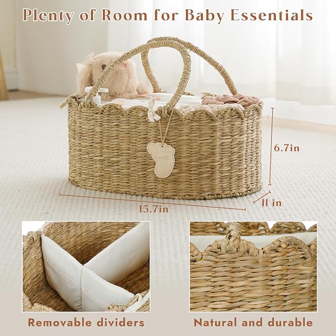 YANGQIHOME Diaper Caddy Organizer, Seagrass Nursery Baby Basket for Baby Essentials, Scalloped Wicker Diaper Caddy, Baby Shower Gifts (MeadowNest) - Image 2