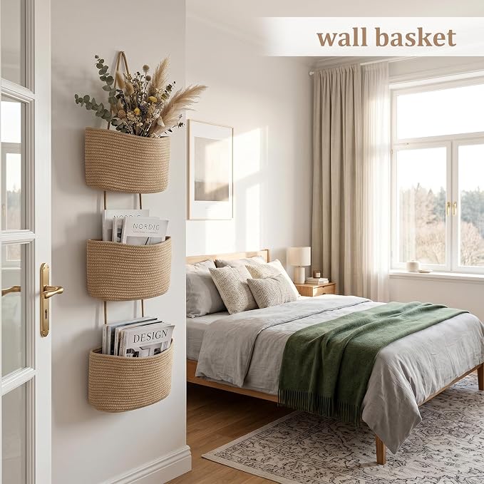 TeoKJ Over the Door Hanging Basket, 3-Tier Woven Cotton Wall-Mounted Storage Organizer Bag Decorative Hanging Nursery Baskets, Jute - Image 3