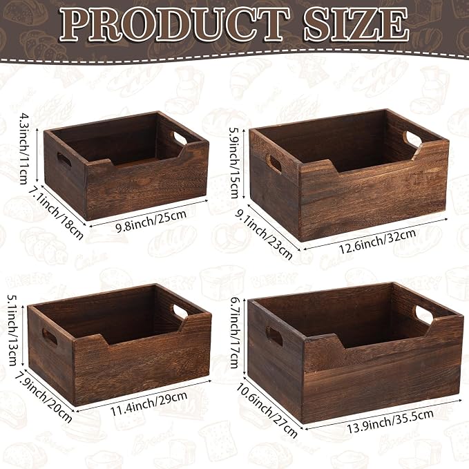 4 Pack Wood Crates Nesting Storage Baskets Decorative Farmhouse Wooden Organizer Crates Boxes with Open Front and Handle Rustic Nesting Baskets for Fruit Vegetable Kitchen Bathroom - Image 3