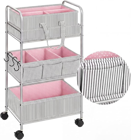 WILLBOND 2 in 1 Baby Diaper Caddy Organizer Cart, 3 Tier Large Stripe Bedside Rolling Cart Metal for Baby Essential with Divider for Newborn Registry Must Have Nursery Bedroom Mother Gift(Pink) by Willbond+Technology+Limited