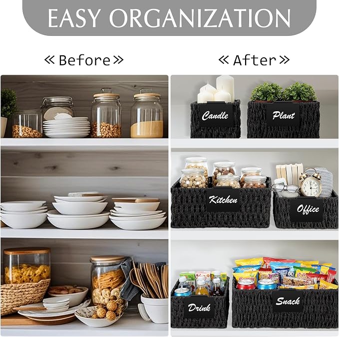 Marsui 6 Pcs Wicker Storage Baskets for Pantry Organization with Labels Handwoven Paper Rope Multi-size Black Wicker Storage Bins for Organizing Small Baskets Container for Shelves Closet Toilet - Image 6