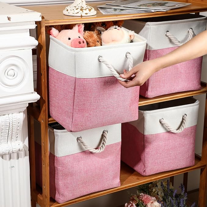 meekoo 8 Pack Collapsible Storage Bins Fabric Storage Bins Polyester Fabric Baskets with Handles Linen Closet Organizer for Shelf Home Closet Towels Toys(12 x 12 x 12 in,Pink White) - Image 2
