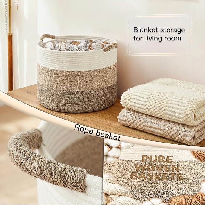 Artfeel 100L Large Cotton Rope Basket, Decorative Woven Blanket Storage for Living Room, Boho Toy Storage & Toy Box for Kids, Versatile Laundry Basket & Nursery Hamper for Blankets(BrownYellow) - Image 5