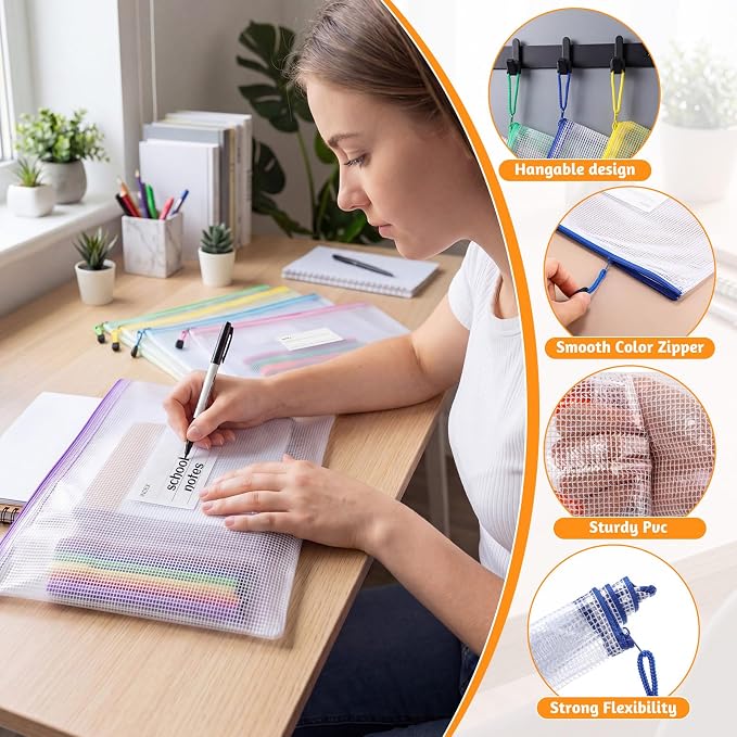 Handepo 100 Pcs A4 Mesh Zipper Pouch Bags with Label Pocket 13 x 9.45 Inch Waterproof Small Zipper File Bags Bulk Color Pencil Document Multipurpose Pouches for Office Travel Puzzles Games Organizing - Image 3