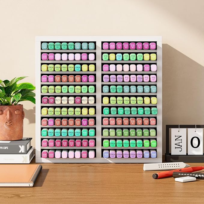 YMYNY Wooden Marker Organizer Desktop Storage White11.81x5.31x11.81 HMR001W | Hold 176 Markers,Pens,Pencils,Art Brushes Stationary Organizer Pencil Holder with 22 Compartments for Home,Classroom - Image 6