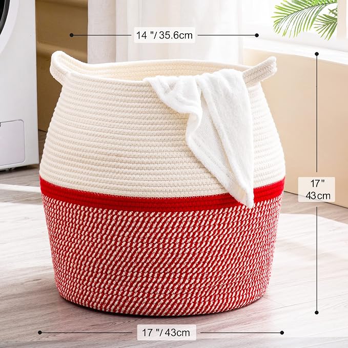 KAKAMAY Woven Baskets for Storage(17"x17"),Large Cotton Rope Woven Baby Laundry Hamper,Collapsible Laundry Basket, Blanket Basket for Organizing Living Room,Nursery,Pillows,Toy Chest(Red) - Image 6