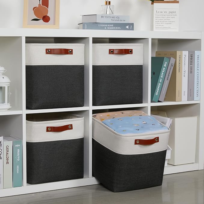 DULLEMELO Set Of 4 Cube Storage Bins, Fabric Storage Basket for Shelves Closet Storage, 12 Inch Collapsible Fabric Bins for Book Magazine Towel Organizers(4 Pack - 12" White&Black) - Image 5