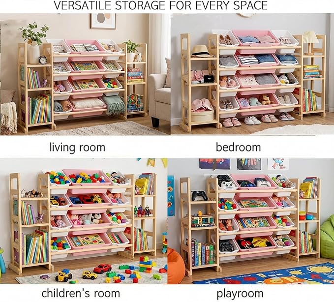 Amdermi Kids Toy Storage Organizer, 51" W White 6-Shelf Bookcase with 12 Bins, Cubby Unit for Toddler Playroom & Bedroom Organization（Pink） - Image 4