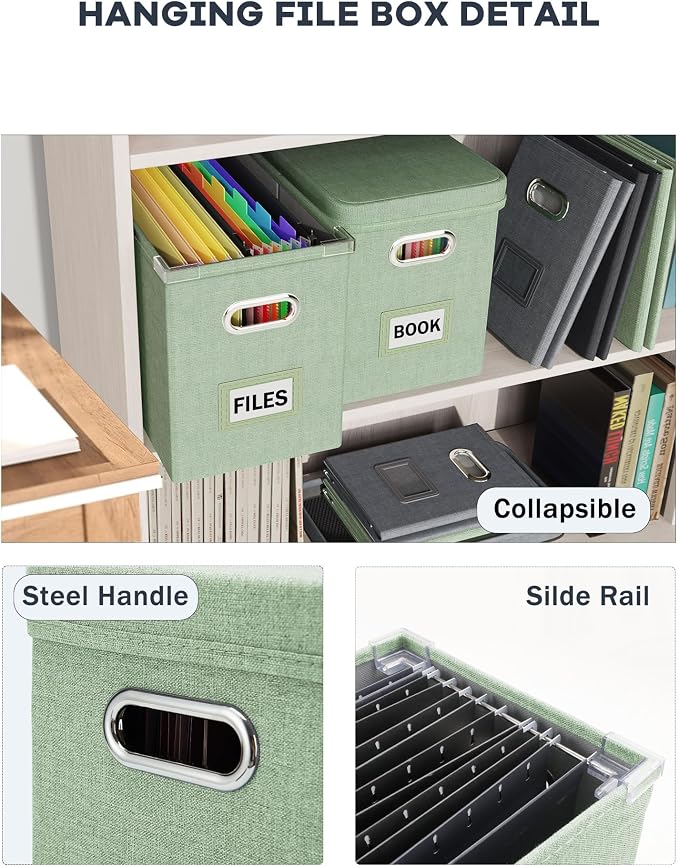 Hanging Filing File Box with Mesh Pocket, File Organizer Box with Lid, Collapsible Document Organizer Box for Letter Size, Easy Slide Durable Storage Box for Office/Decor/Home (2 PCS, Green) - Image 5