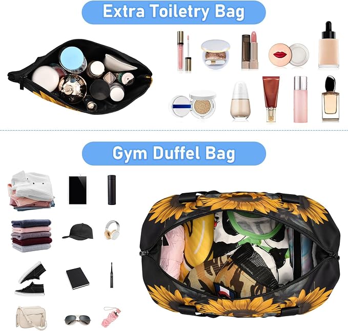 Travel Duffel Tote Bag Skull and Sunflower Sports Duffel Bag with Wet Pocket Weekender Overnight Bag for Women Men Gym Bag, Carry On Bag Hospital Bag for Labor and Delivery - Image 5