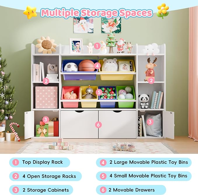 Xilingol Kids Storage Organizer W/6 Removable Bins, 4-Tier Organizers W/6 Storage Cubbies and 2 Movable Drawers, Kid Bookshelf and Storage for Playroom, Bedroom, Kids Room (Multicolor) - Image 5