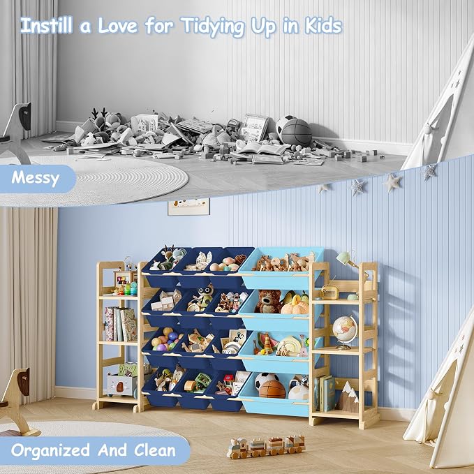EXPERLAM Extra Large Toy Storage - Toy Storage Organizer, Wooden Toy Organizer with 6 Side Shelves and 16 Bins, 3-in-1 Bookshelf for Kids Rooms, Playroom, Nursery, Blue - Image 6