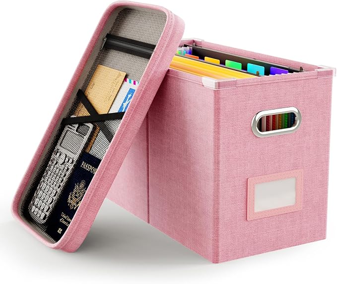File Organizer Box with Lid, Hanging Filing File Box with Mesh Pocket, Document Organizer Box for Letter Files, Portable Storage Box with Smooth Sliding Rail for Office&Home (1 PCS, Pink) by Oterri