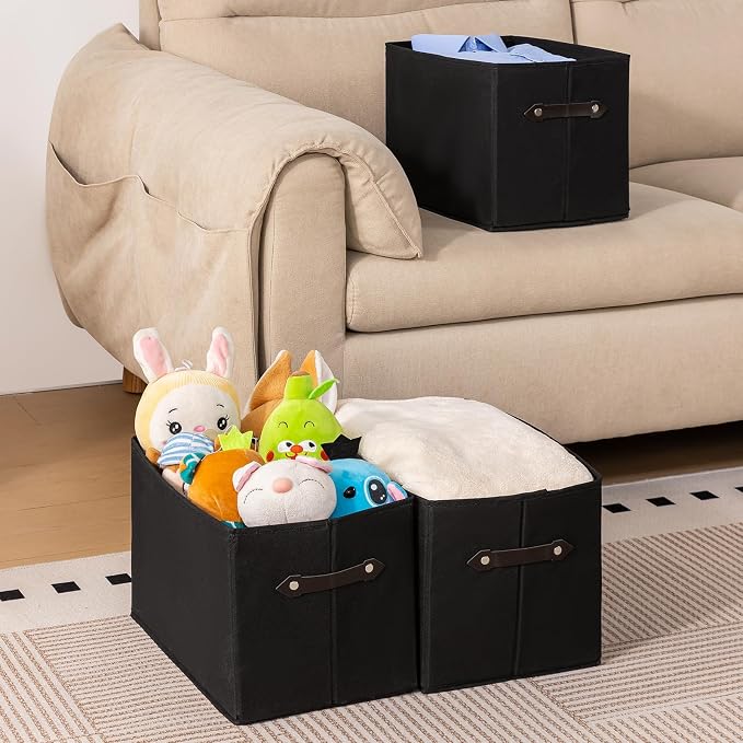 1 Pack Large Collapsible Storage Baskets for Shelves,14.9"x9.5" Fabric Closet storage Boxes with Leather Handles,Decorative Organizers Storage Bins for Clothes,Sheets,Toys,Books,(Black) - Image 4